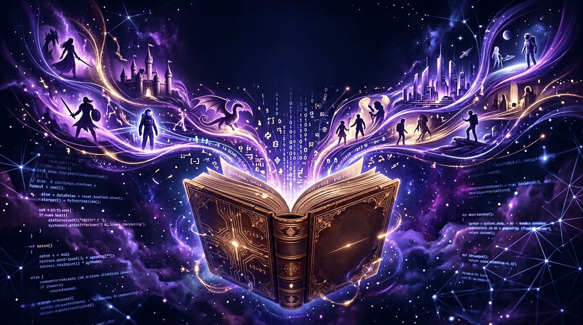 Futuristic book with AI-generated text floating above it