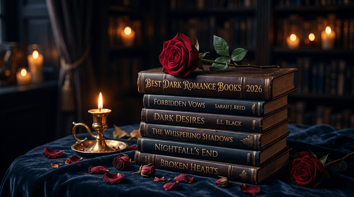 Stack of dark romance books on a moody backdrop