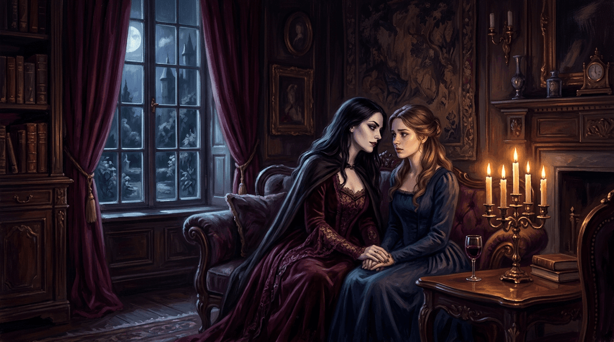 Two women in a candlelit Victorian drawing room — dark sapphic vampire romance