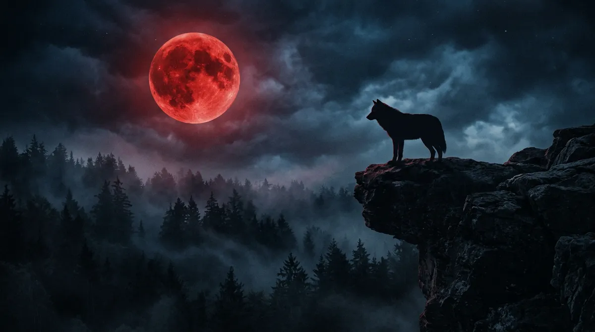 Silhouette of a wolf under a blood-red moon