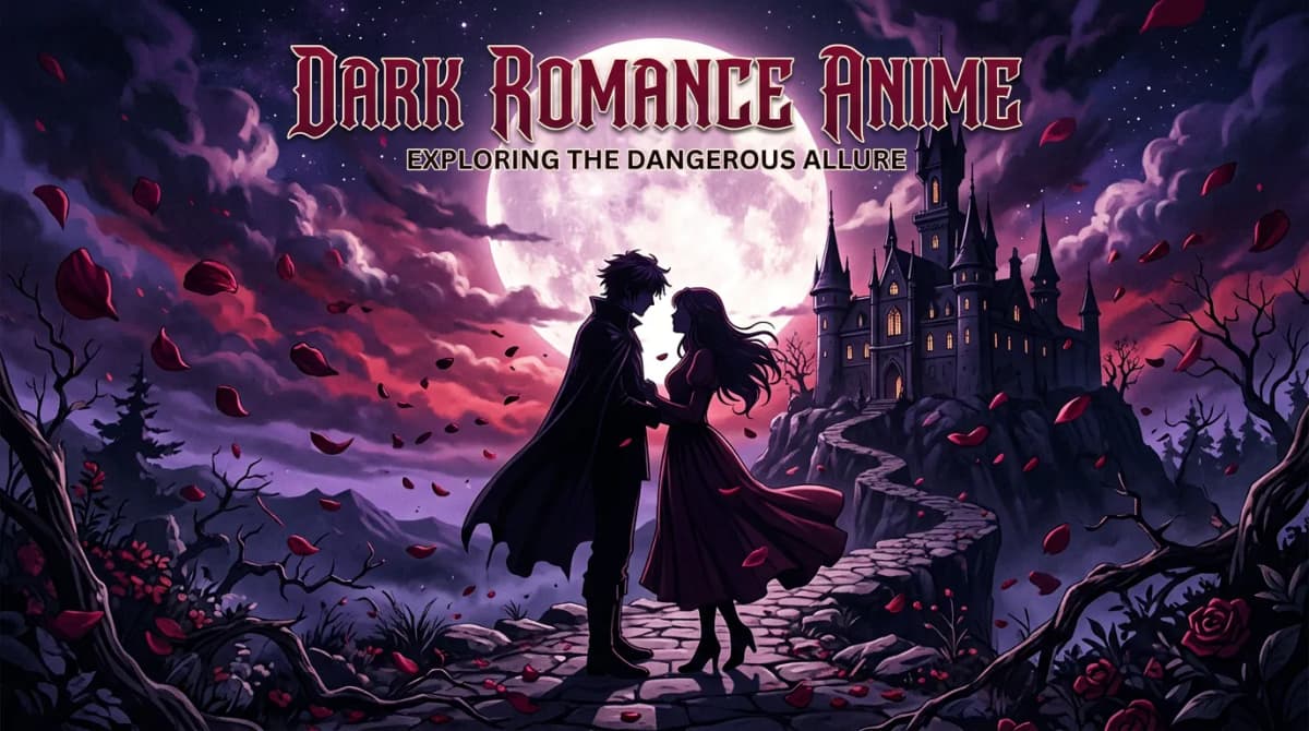 Anime-inspired dark romantic scene with two silhouettes against a moonlit sky