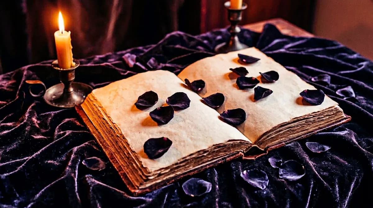 An open book with shadowy petals scattered across its pages