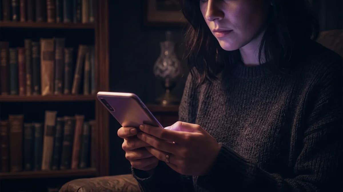 A person reading on their phone in dim moody lighting
