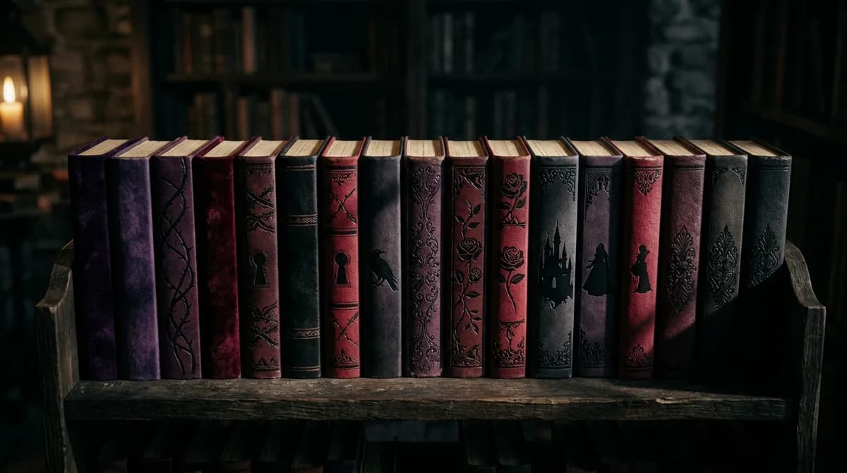 Row of dark romance novels on a shadowy bookshelf