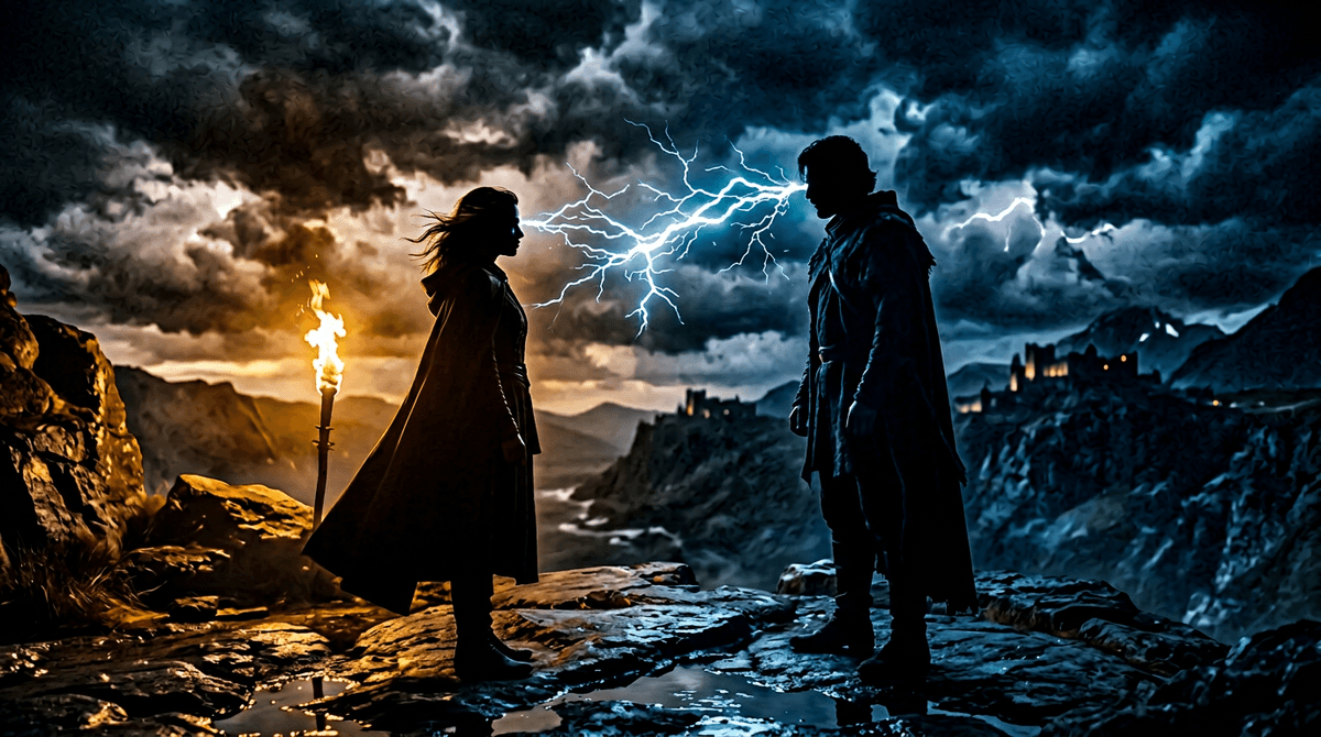 Two figures facing each other in dramatic stormy lighting
