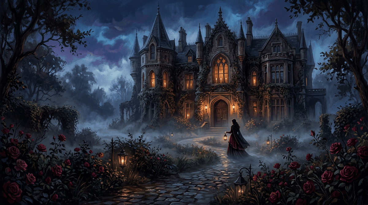 Dark Victorian manor with candlelight and roses