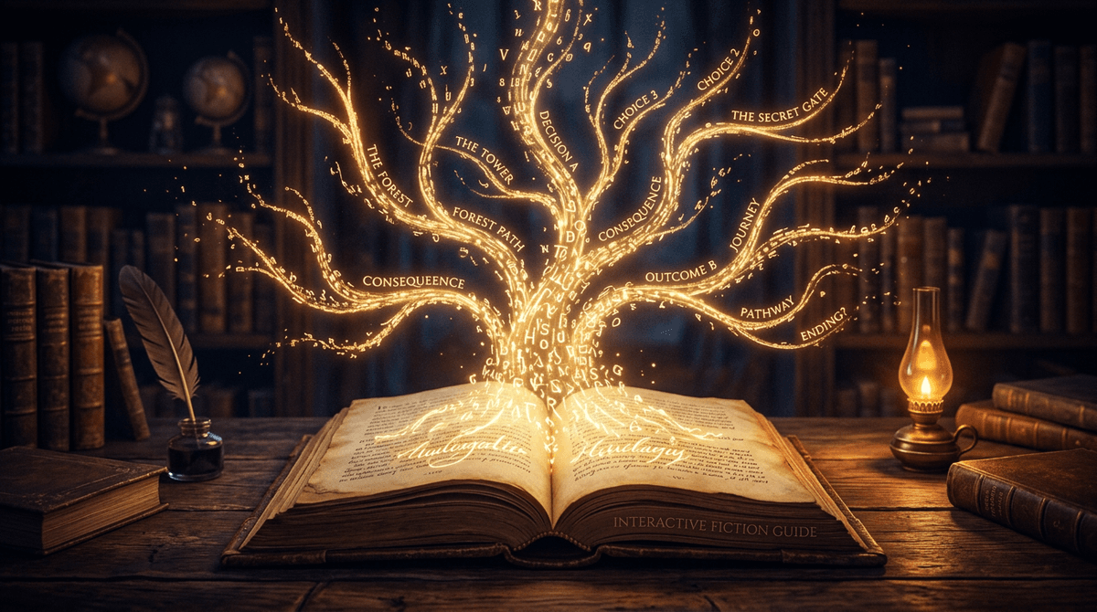 Open book with glowing text and branching paths