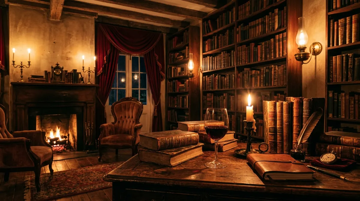 Candlelit room with old books and a glass of deep red wine