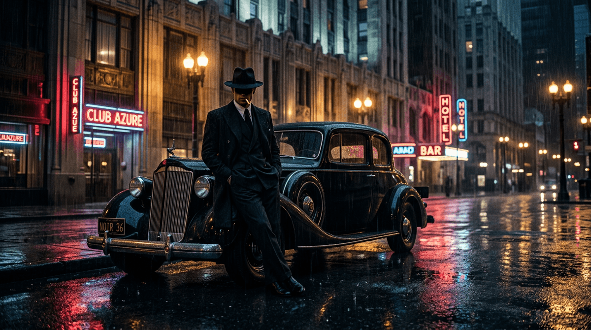 Dark cityscape with vintage car and dramatic lighting