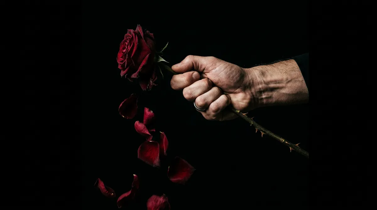 A hand gripping a wilted rose with thorns, dark moody lighting