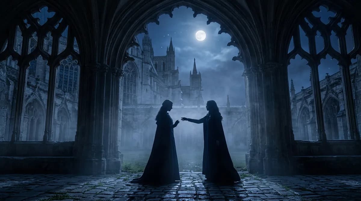Two silhouettes facing each other in gothic moonlight