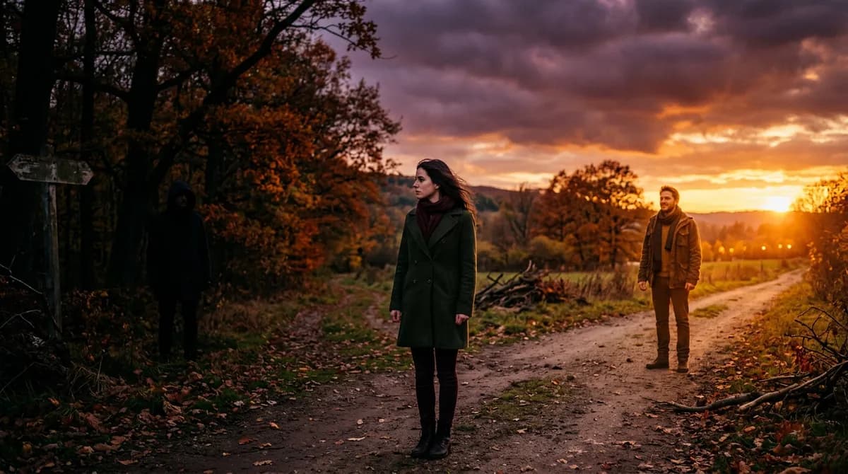 Two shadowy male figures flanking a woman in moonlight