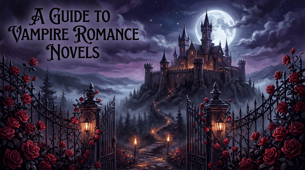 Gothic castle at moonlight with roses