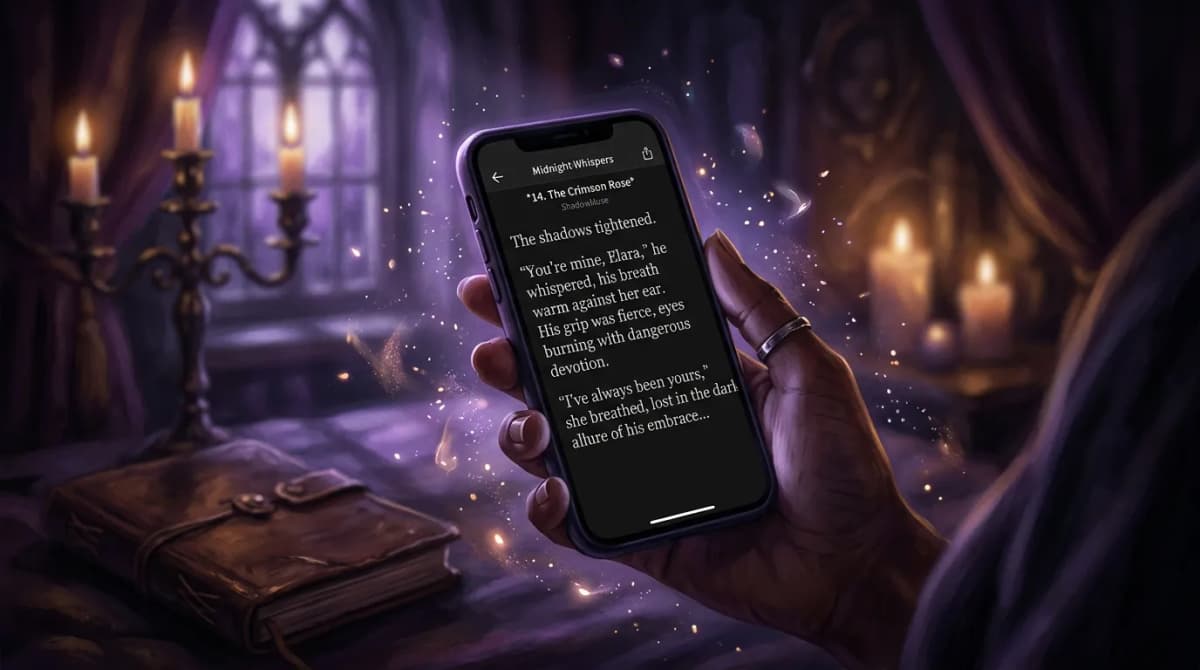 A phone screen glowing in the dark showing a romantic scene